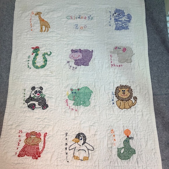 Handmade Other - Childrens Zoo Embroidered Quilt Blanket Handmade Baby Toddler Animal Theme